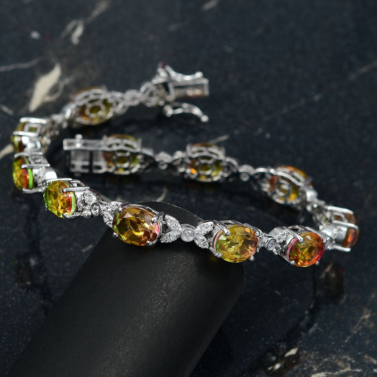 D'joy Rainbow Genesis Quartz &amp; White Zircon Aurora Bloom Bracelet (Size - 8) with GB Lock Box in Rhodium Overlay Sterling Silver 26.65 Ct. V32524156 2