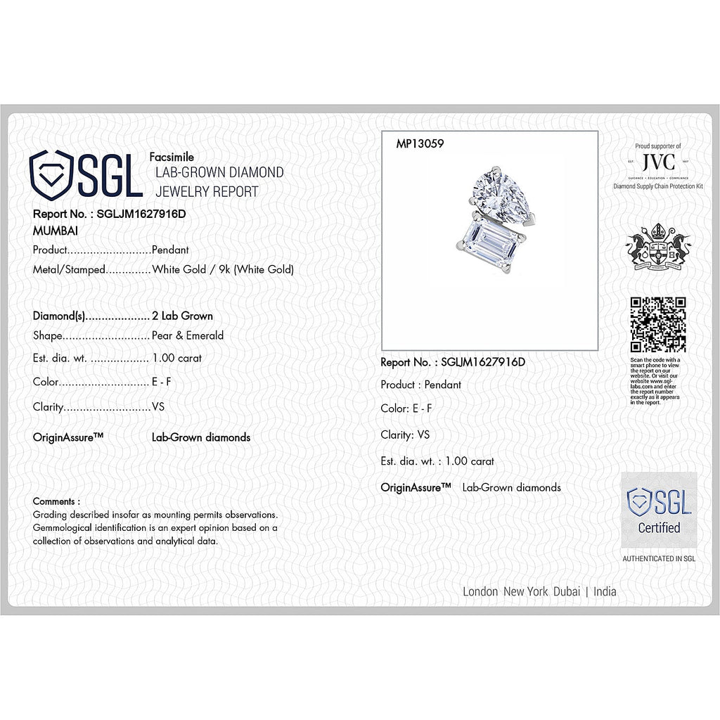 Luxuriant - 9K White Gold SGL Certified (VS-EF) Lab Grown Diamond Emerald & Pear Pendant 1.00 Ct.