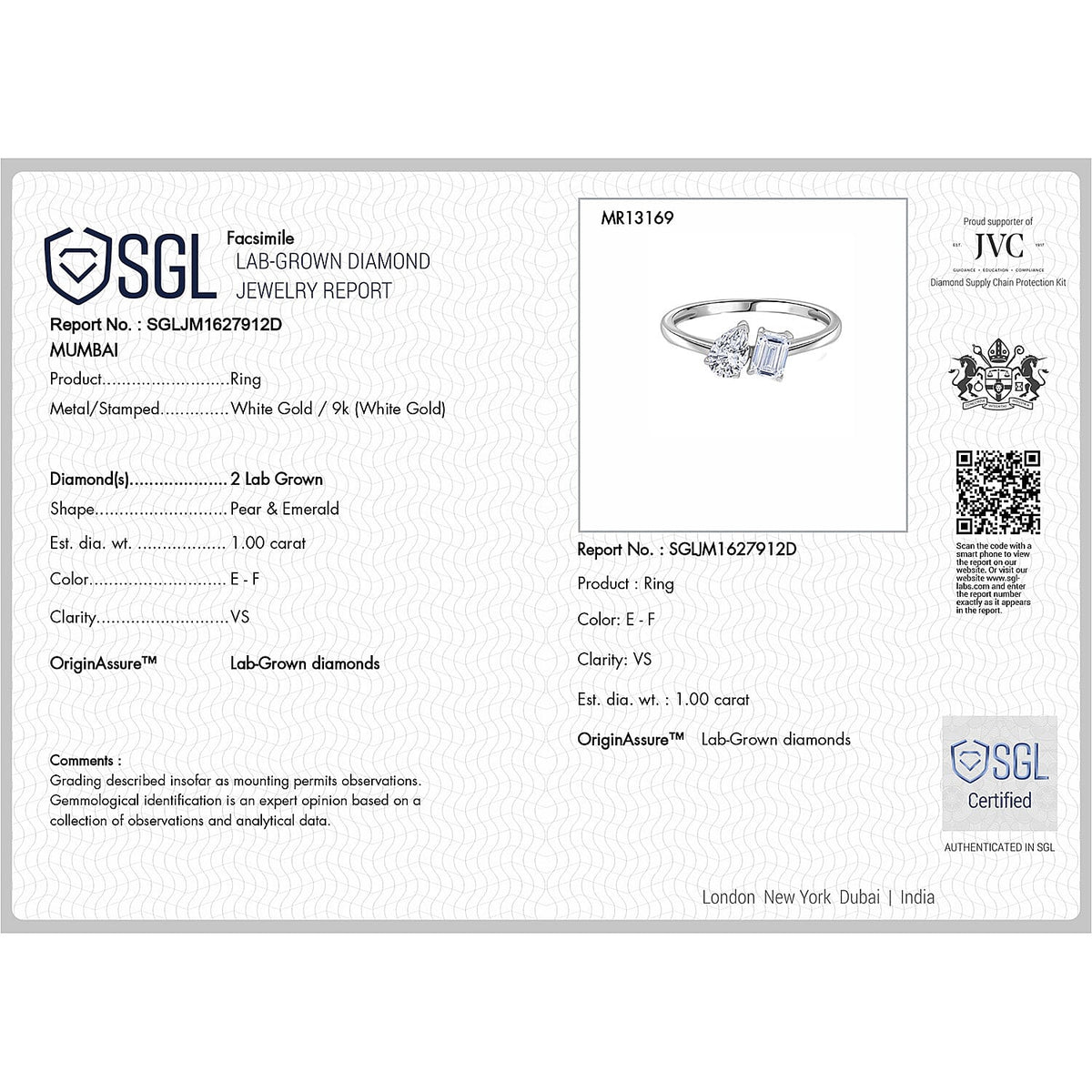 THE TOI ET MOI LUXURIANT 1 Ct. Lab Grown Diamond Ring in 9K White Gold SGL Certified (VS-EF) 8182255 8