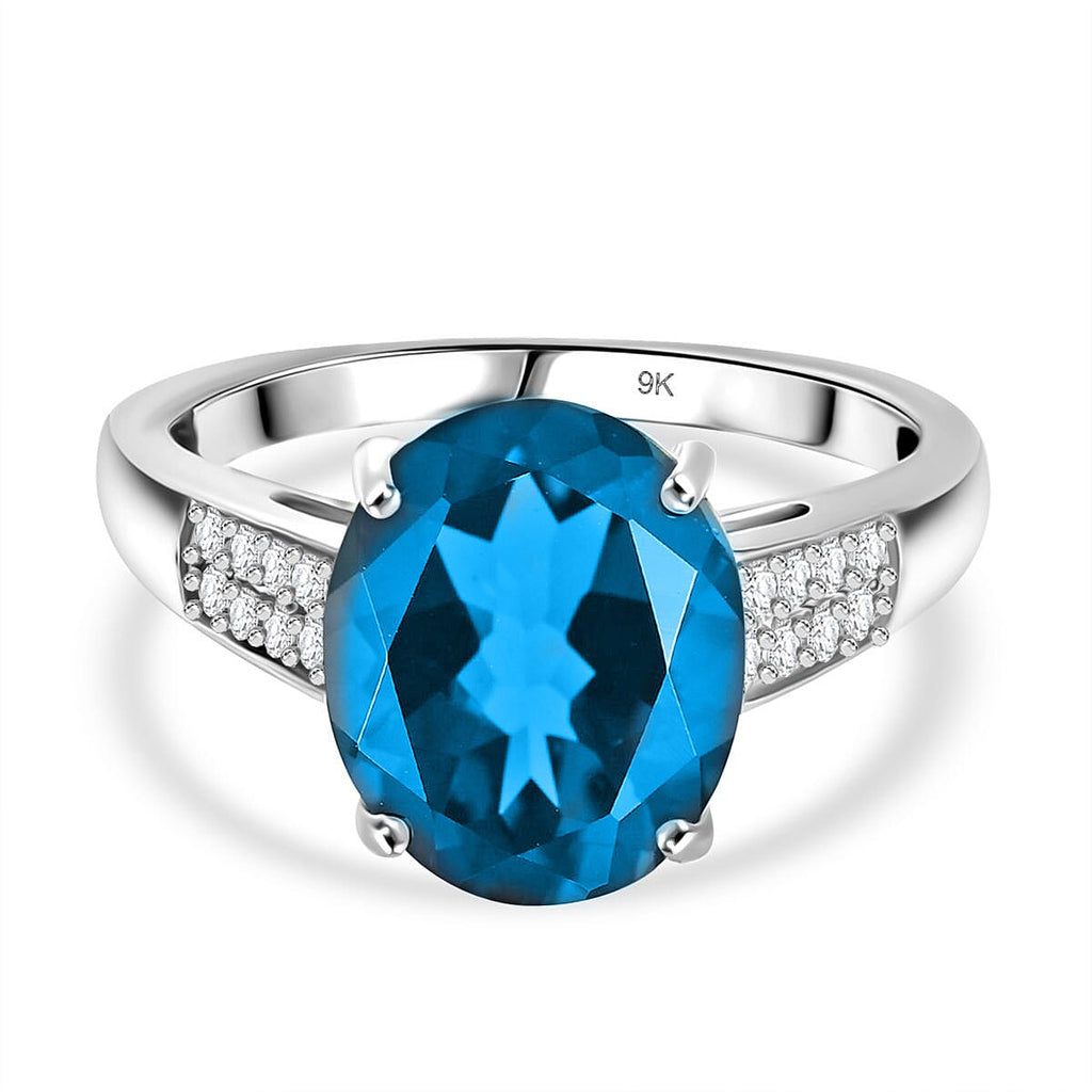 9K White Gold London Blue Topaz & White Diamond (I2-GH) Ring 4.37 Ct.
