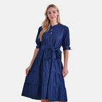 La Marey Tiered Midi Dress with Puff Sleeves & Tie Waist  (Size L, 16-18) -Dark Blue_8184107