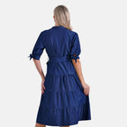La Marey Tiered Midi Dress with Puff Sleeves & Tie Waist  (Size L, 16-18) -Dark Blue_8184107_1