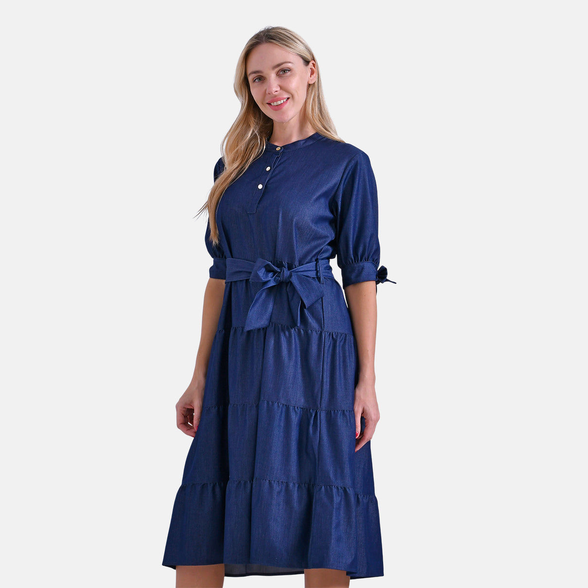 La Marey Tiered Midi Dress with Puff Sleeves &amp; Tie Waist  (Size L, 16-18) -Dark Blue 8184107 3