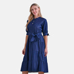 La Marey Tiered Midi Dress with Puff Sleeves & Tie Waist  (Size L, 16-18) -Dark Blue_8184107_2