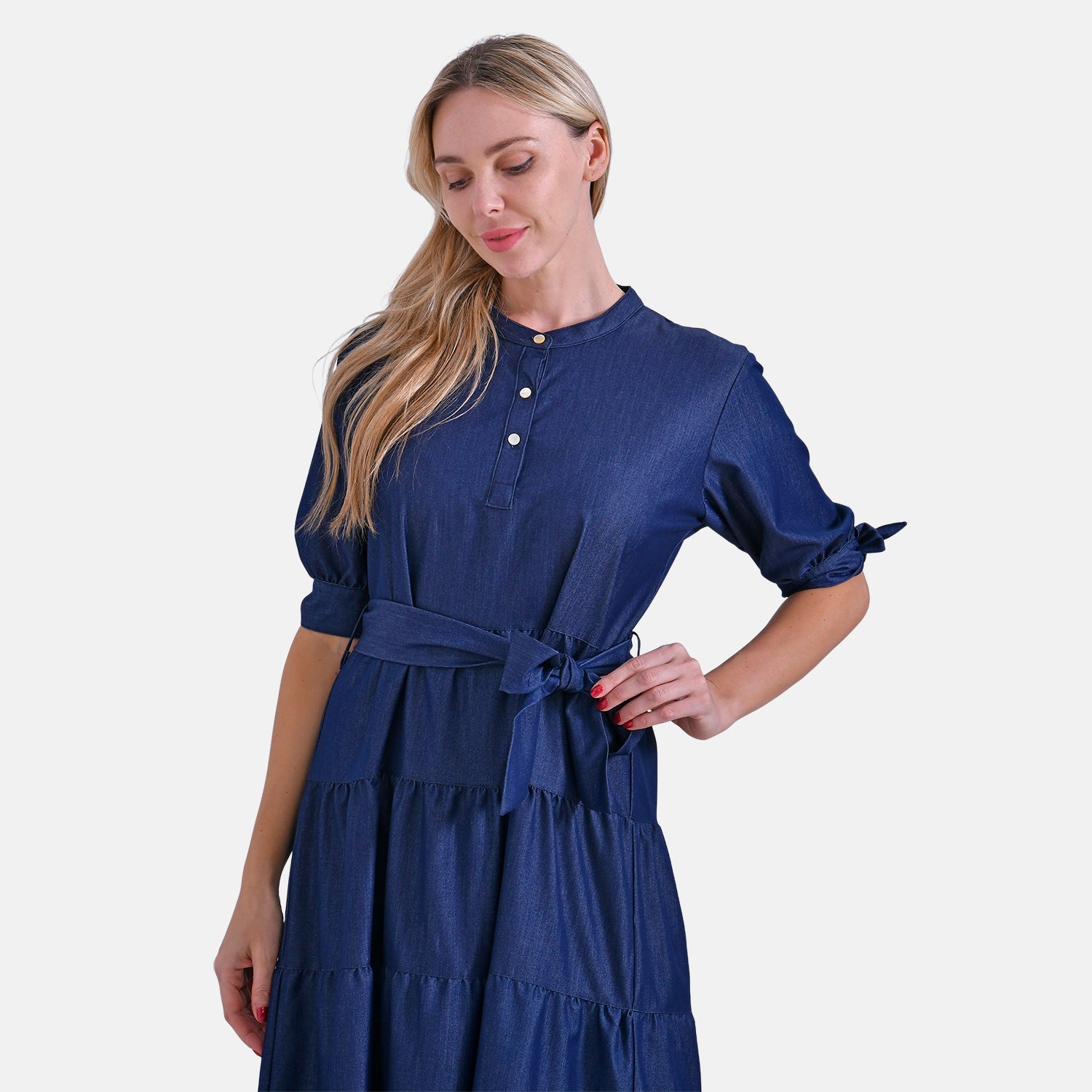 La Marey Tiered Midi Dress with Puff Sleeves &amp; Tie Waist  (Size L, 16-18) -Dark Blue 8184107 4