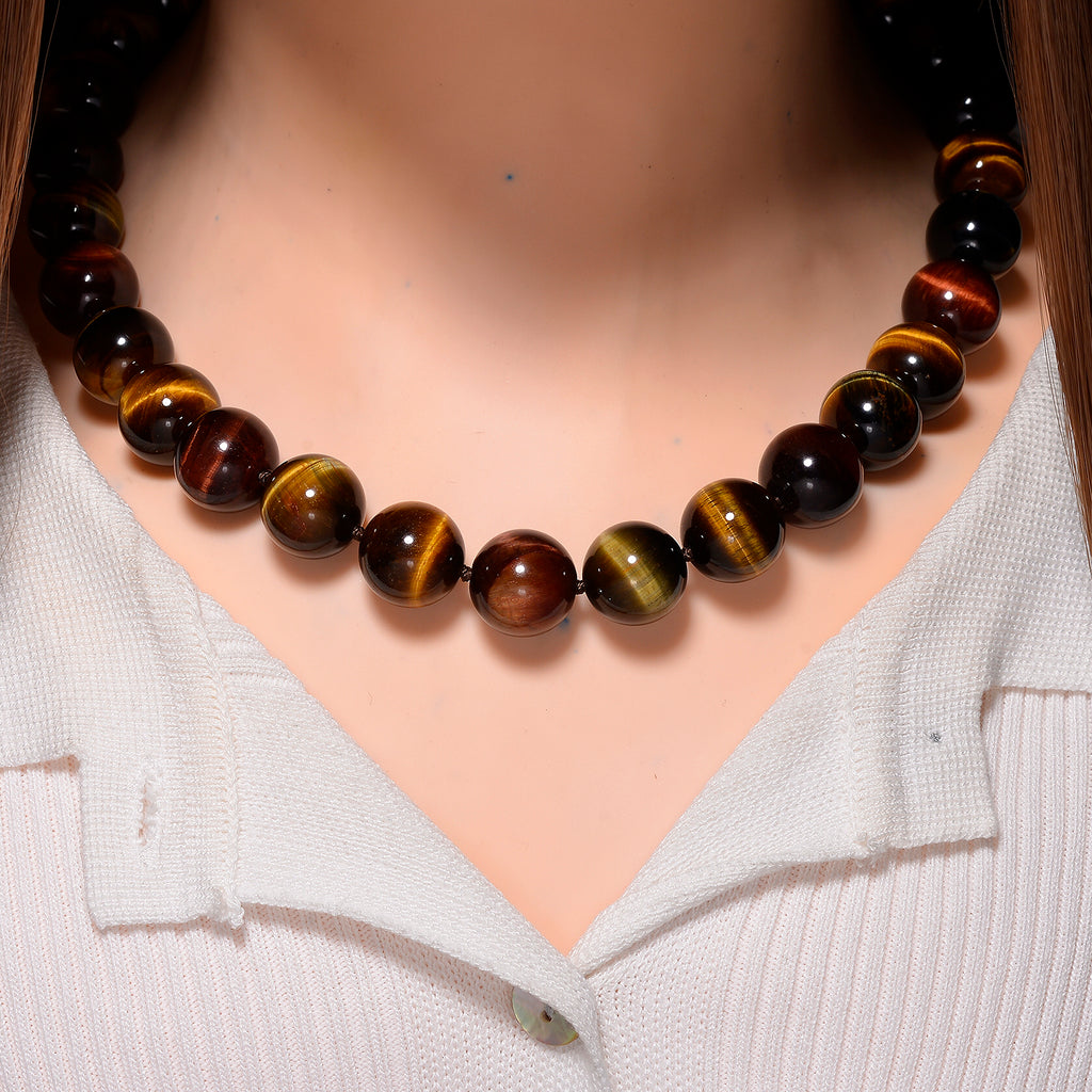 Tucson Find- Multi Color Tiger Eye Necklace Beads 16 MM (Size - 20+2 Ext)  in Rhodium Overlay Sterling Silver 800.00 Ct._8185324_1