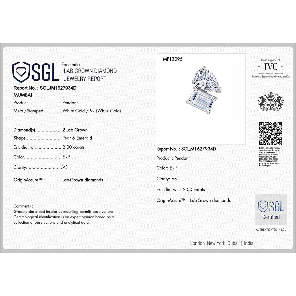 Luxuriant - 9K White Gold SGL Certified (VS-EF) Lab Grown Diamond Emerald & Pear Pendant 2.00 Ct.