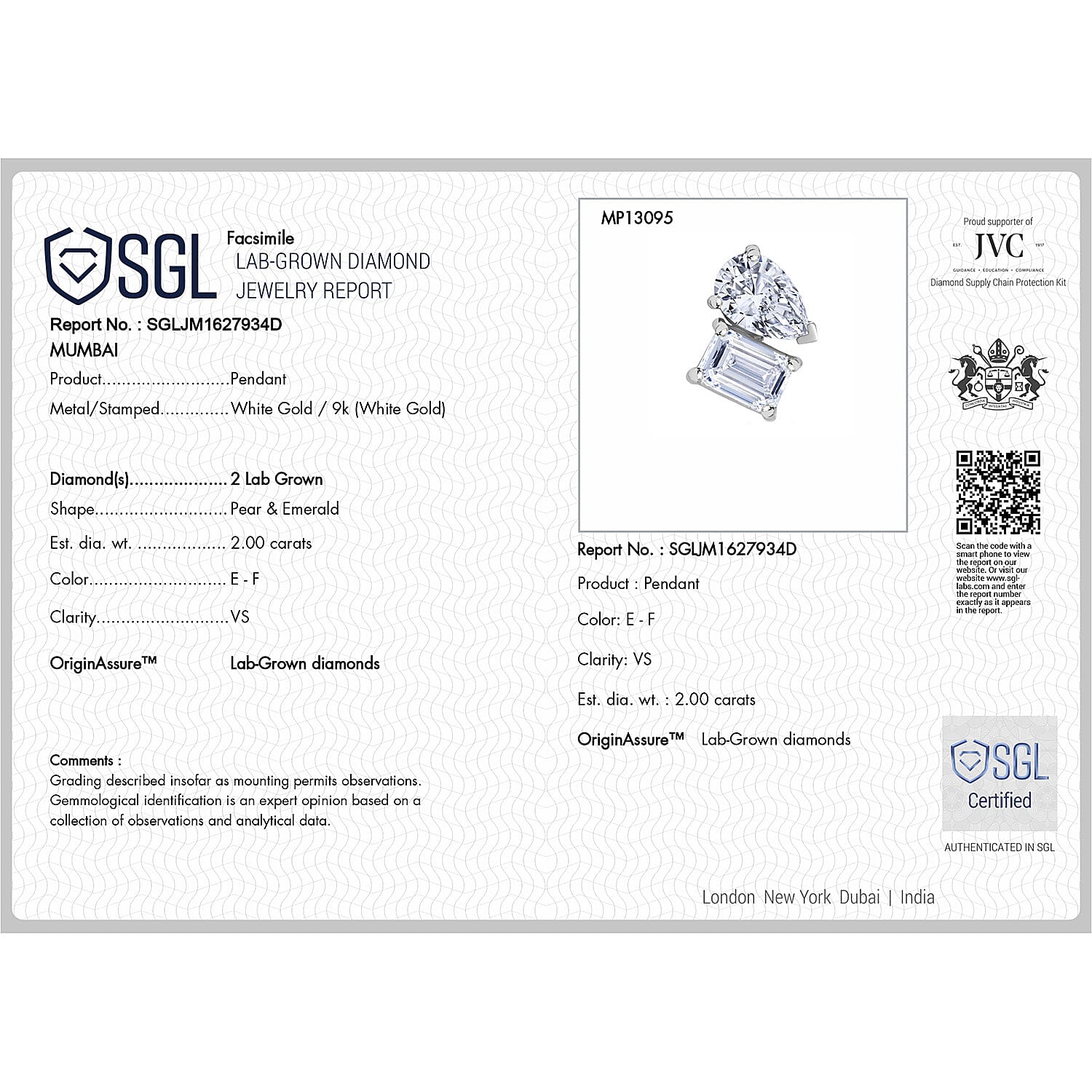 THE TOI ET MOI LUXURIANT 2 Ct. Lab Grown Diamond Emerald-Cut and Pear-Cut Pendant in 9K White Gold SGL Certified 8185706 7