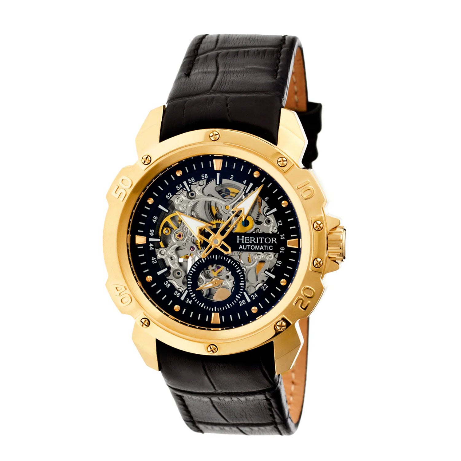 Mens Ganzi Heritor Automatic  Watch with a Gold Dial and a Black coloured Leather band, featuring a  Gold coloured Stainless Steel case with 5 ATM water resistance 8186640 0