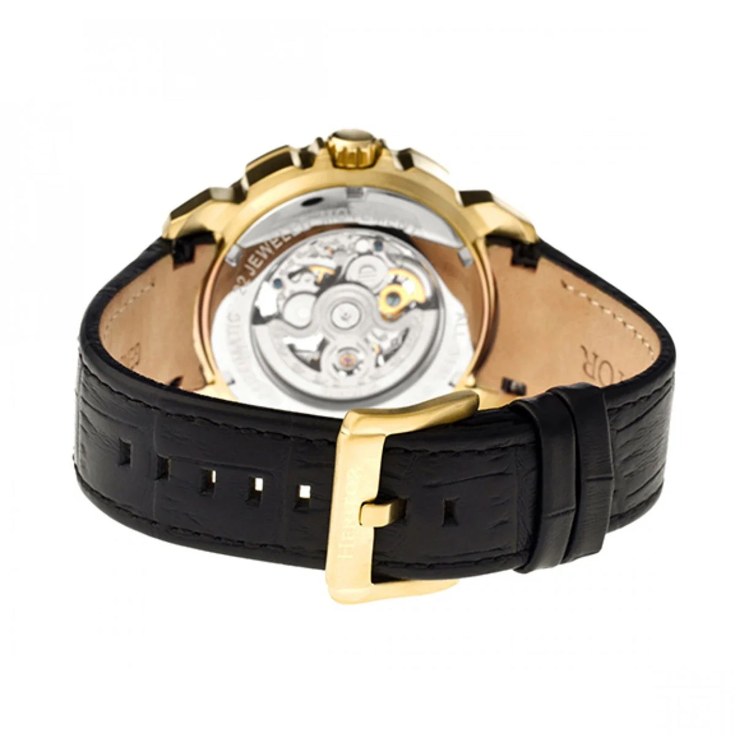Mens Ganzi Heritor Automatic  Watch with a Gold Dial and a Black coloured Leather band, featuring a  Gold coloured Stainless Steel case with 5 ATM water resistance 8186640 1