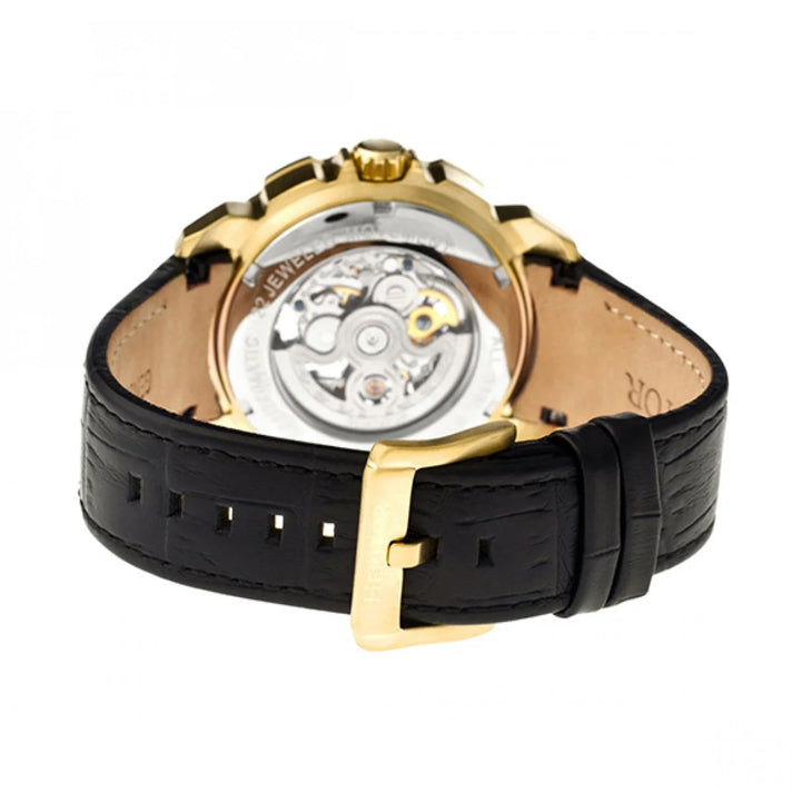 Mens Ganzi Heritor Automatic  Watch with a Gold Dial and a Black coloured Leather band, featuring a  Gold coloured Stainless Steel case with 5 ATM water resistance 8186640 2