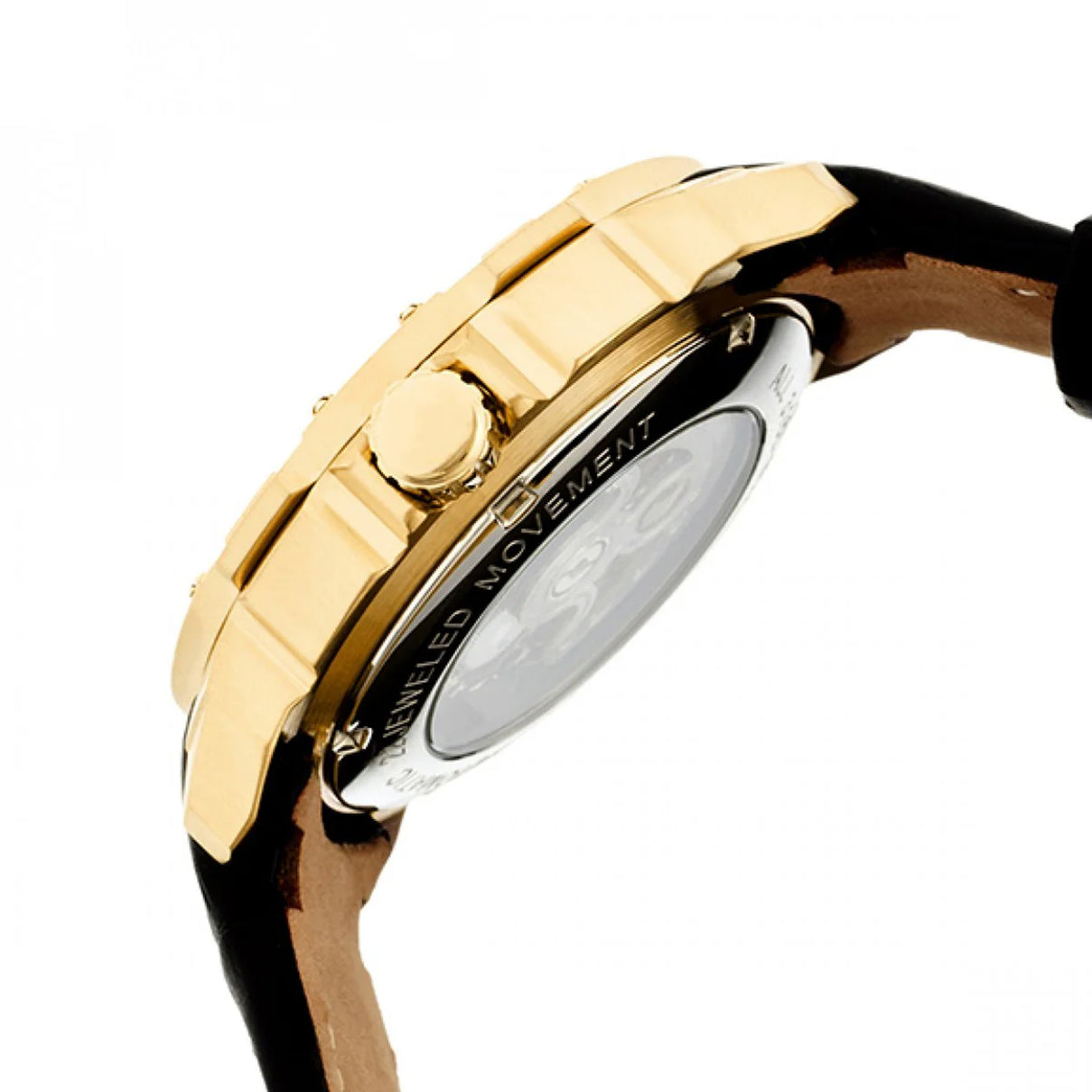 Mens Ganzi Heritor Automatic  Watch with a Gold Dial and a Black coloured Leather band, featuring a  Gold coloured Stainless Steel case with 5 ATM water resistance 8186640 2
