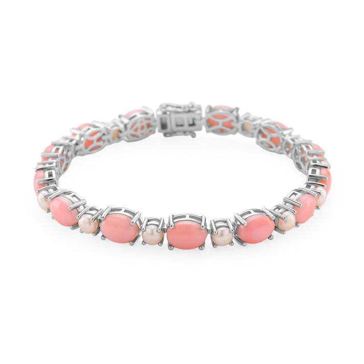 Pink Conch Shell and White Fresh Water Pearl Bracelet (Size - 8) in Rhodium Overlay Sterling Silver 23.70 Ct. 8186975 1
