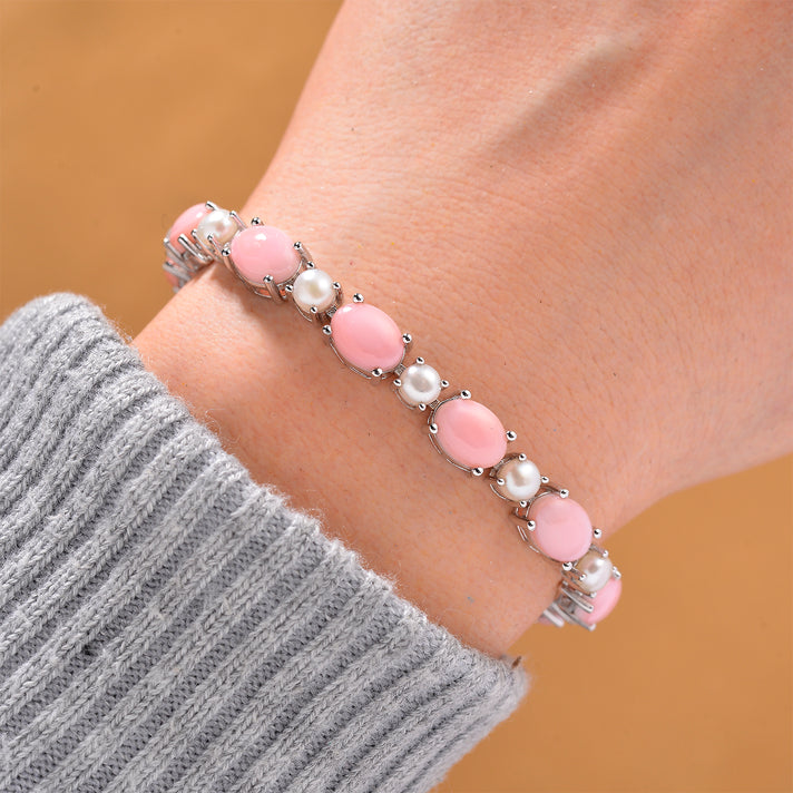 Pink Conch Shell and White Fresh Water Pearl Bracelet (Size - 8) in Rhodium Overlay Sterling Silver 23.70 Ct. 8186975 2