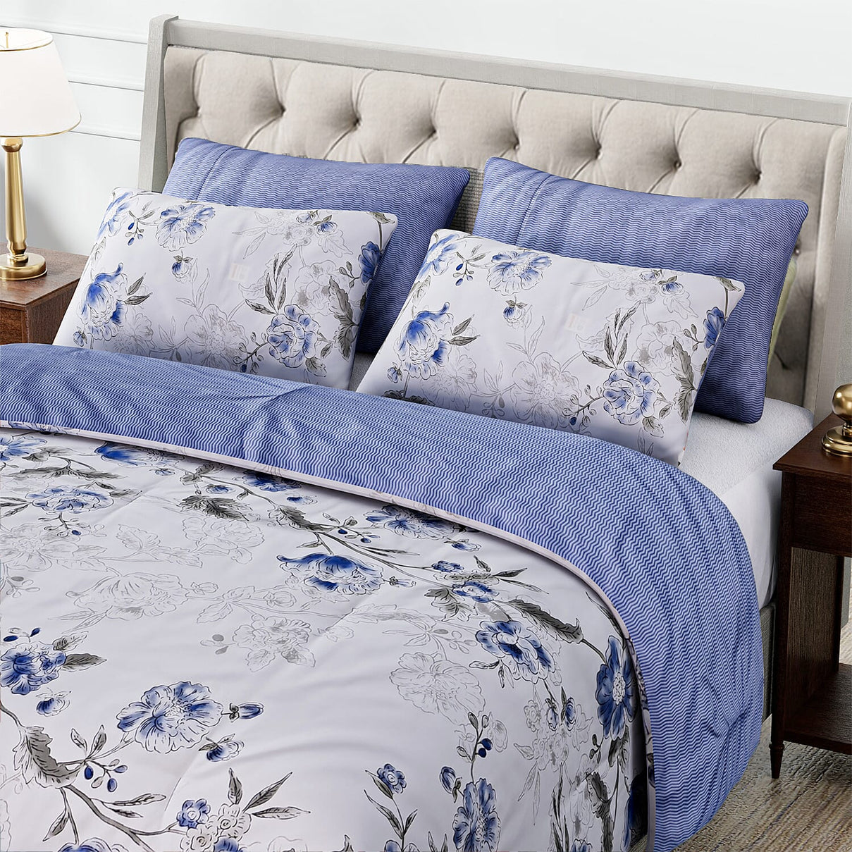 Homesmart 3 Piece Floral Print Comforter Set Inc. 1 Comforter &amp; 2 Pillowcases (Size UK Double) - Blue 8187115 2