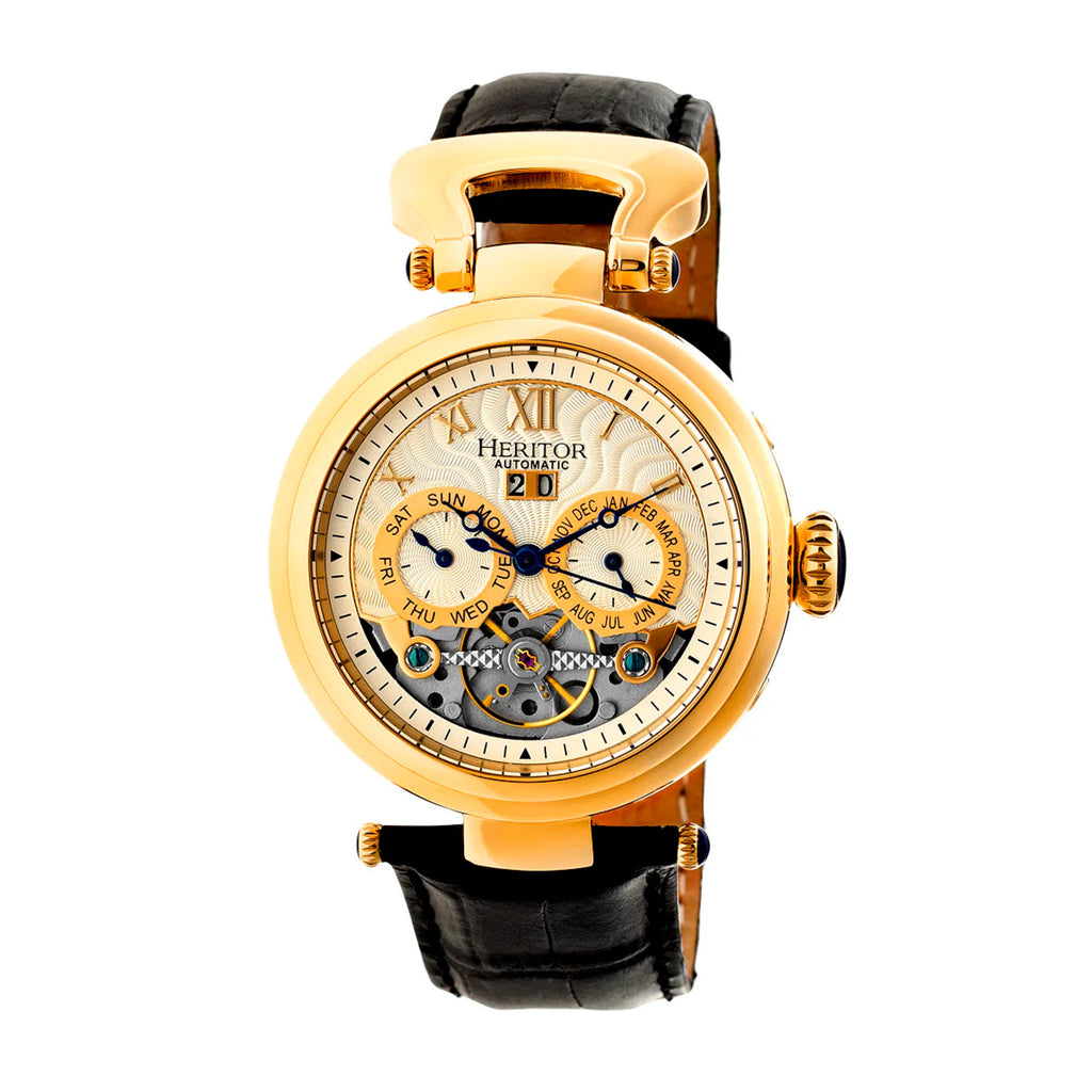 Heritor GENOA Chinese Automatic Movt. 5ATM WR Gold Dial Mens Watch with Black Genuine Leather Strap_8187624