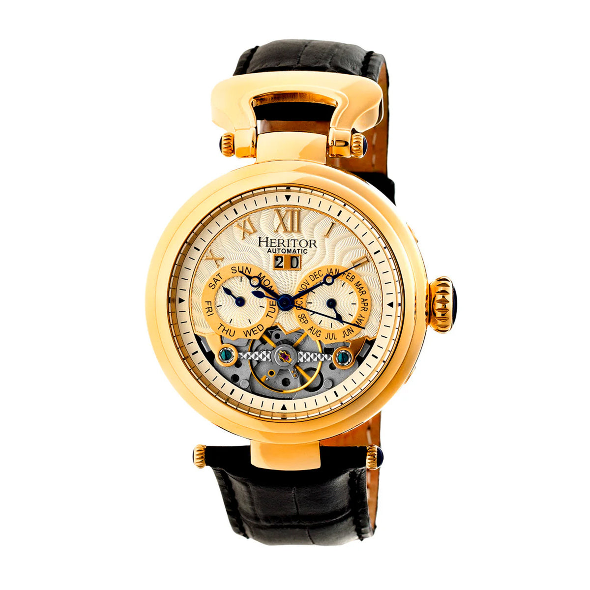 THE LUXURY TO OWN - HERITOR Ganzi Automatic Movt. 5ATM Water Resistance Gold Dial Mens Watch with Black Leather Strap 8187624 0