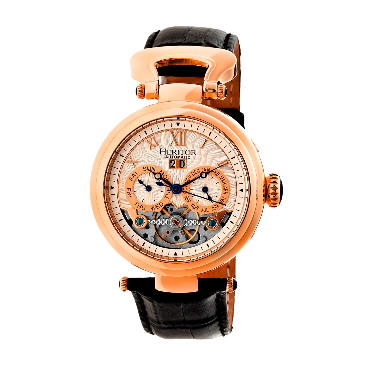 THE LUXURY TO OWN - HERITOR Ganzi Automatic Movt. 5ATM Water Resistance Black Dial Mens Watch with Black Leather Strap - Rose Gold 8187626 0