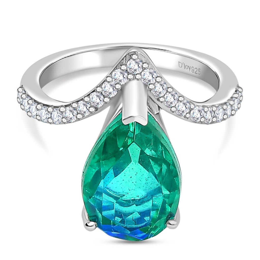 D'Joy - Peacock Triplet Quartz & White Zircon Wishbone Ring in Rhodium Overlay Sterling Silver 4.88 Ct._8189176