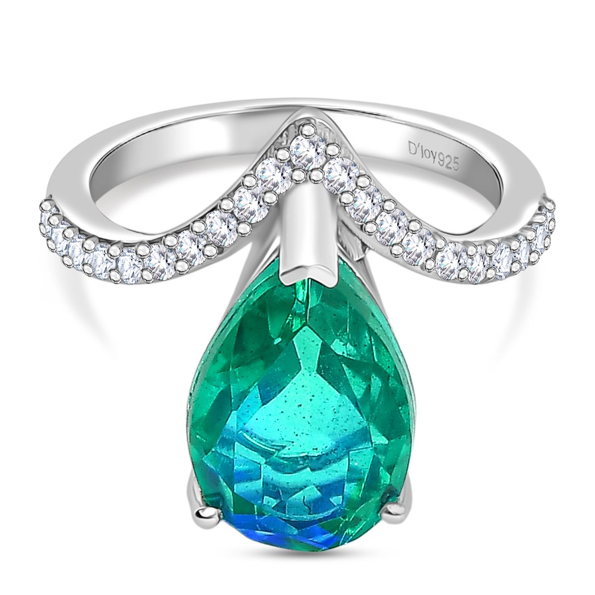 D'joy Peacock Triplet Quartz, White Zircon Wishbone Drop Ring in Rhodium Overlay Sterling Silver 4.88 Ct. 8189176 0
