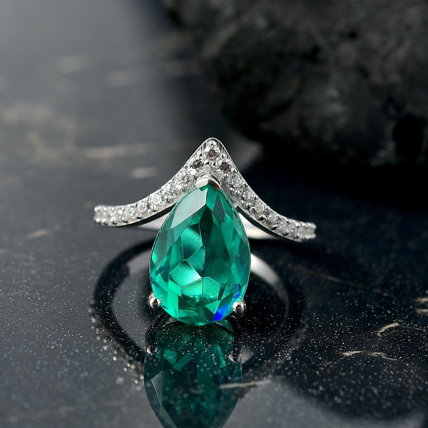 D'joy Peacock Triplet Quartz, White Zircon Wishbone Drop Ring in Rhodium Overlay Sterling Silver 4.88 Ct. 8189176 1