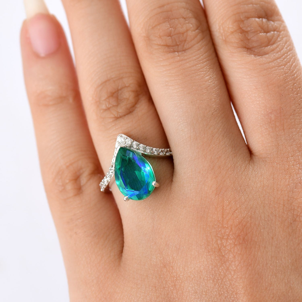 D'joy Peacock Triplet Quartz, White Zircon Wishbone Drop Ring in Rhodium Overlay Sterling Silver 4.88 Ct. 8189176 2