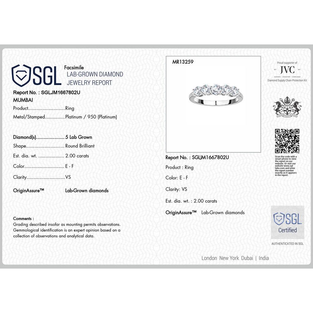 Luxuriant - 950 Platinum SGL Certified VS/EF Lab Grown Diamond 5 Stone Ring 2.00 Ct, Platinum Wt. 4.17 Gms._8190359_5
