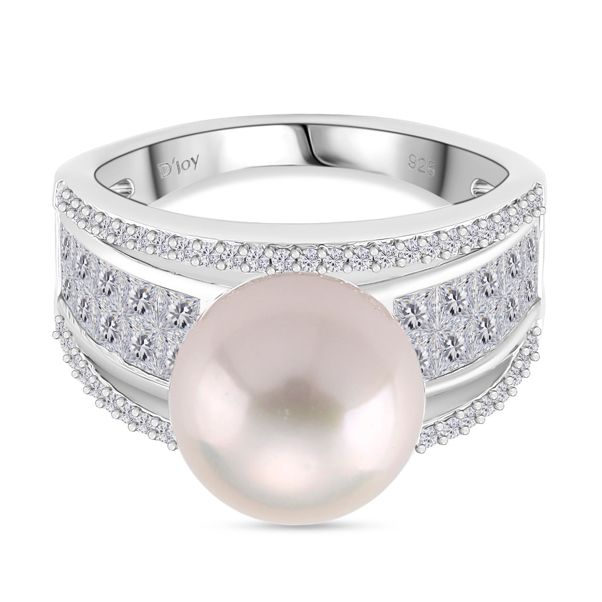 White Edison Pearl (11-12mm), Moissanite Ring in Rhodium Overlay Sterling Silver 11.57 Ct. 8191786 0
