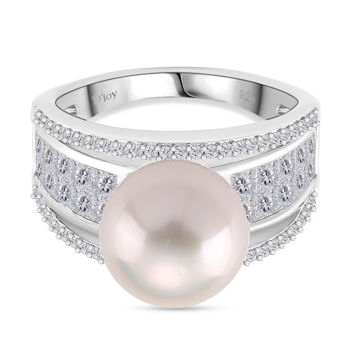 White Edison Pearl (11-12mm), Moissanite Ring in Rhodium Overlay Sterling Silver 11.57 Ct. 8191786 1