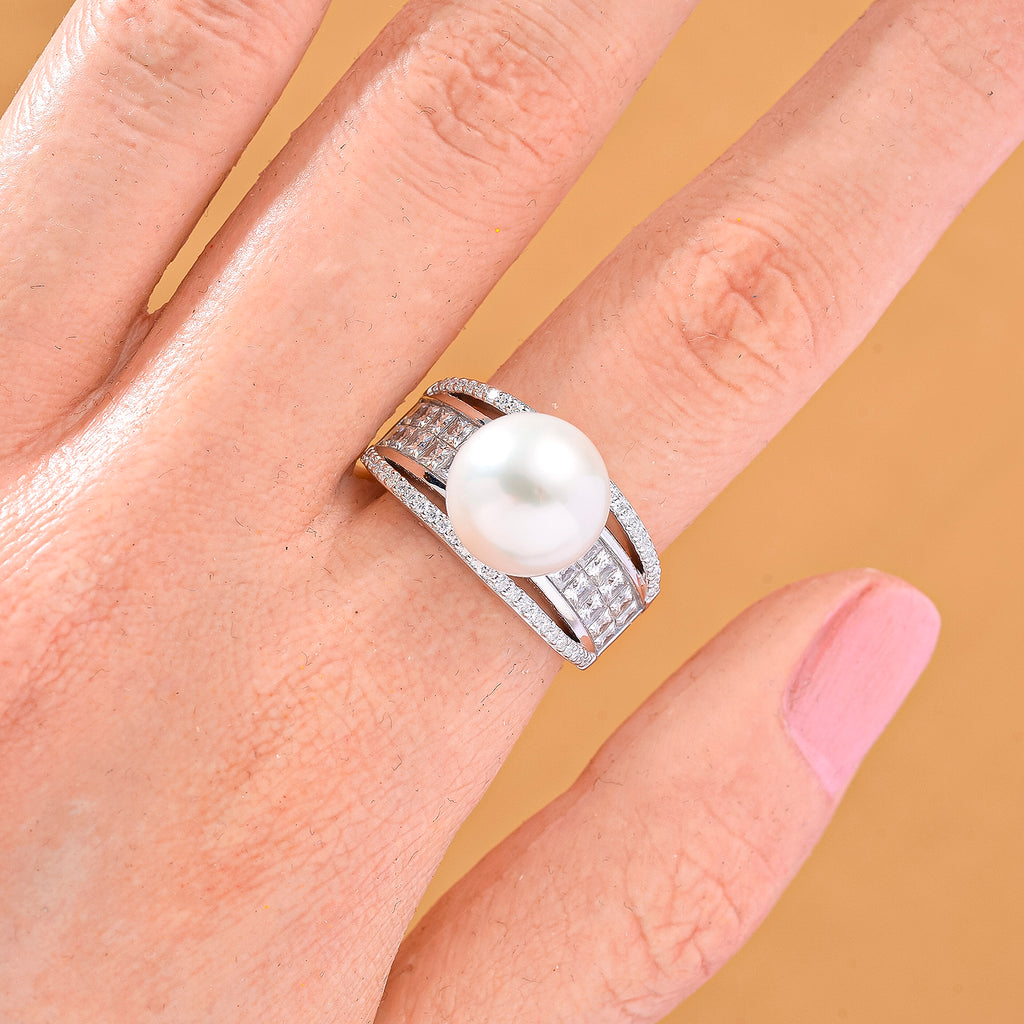 White Edison Pearl & Moissanite Ring in Rhodium Overlay Sterling Silver 11.57 Ct._8191786_1