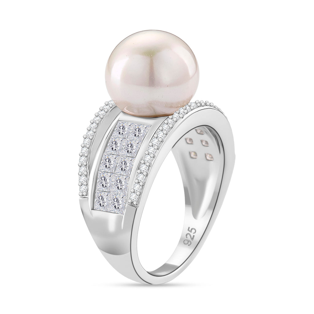 White Edison Pearl & Moissanite Ring in Rhodium Overlay Sterling Silver 11.57 Ct._8191786_2