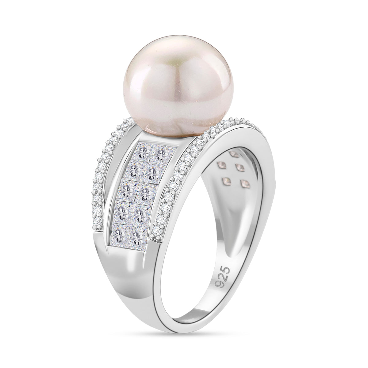 White Edison Pearl (11-12mm), Moissanite Ring in Rhodium Overlay Sterling Silver 11.57 Ct. 8191786 3