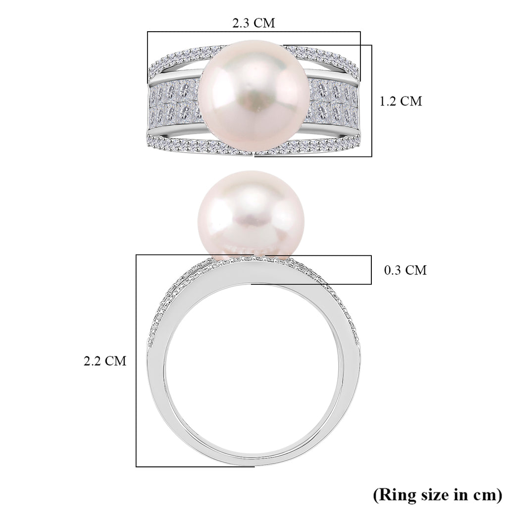 White Edison Pearl & Moissanite Ring in Rhodium Overlay Sterling Silver 11.57 Ct._8191786_4