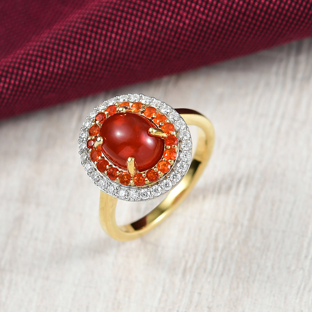 Fire Opal Cabochon (1.43ct Centre) & Moissanite Double Halo Ring in 18K Vermeil Yellow Gold Plated Sterling Silver 1.96 Ct._8191814_1