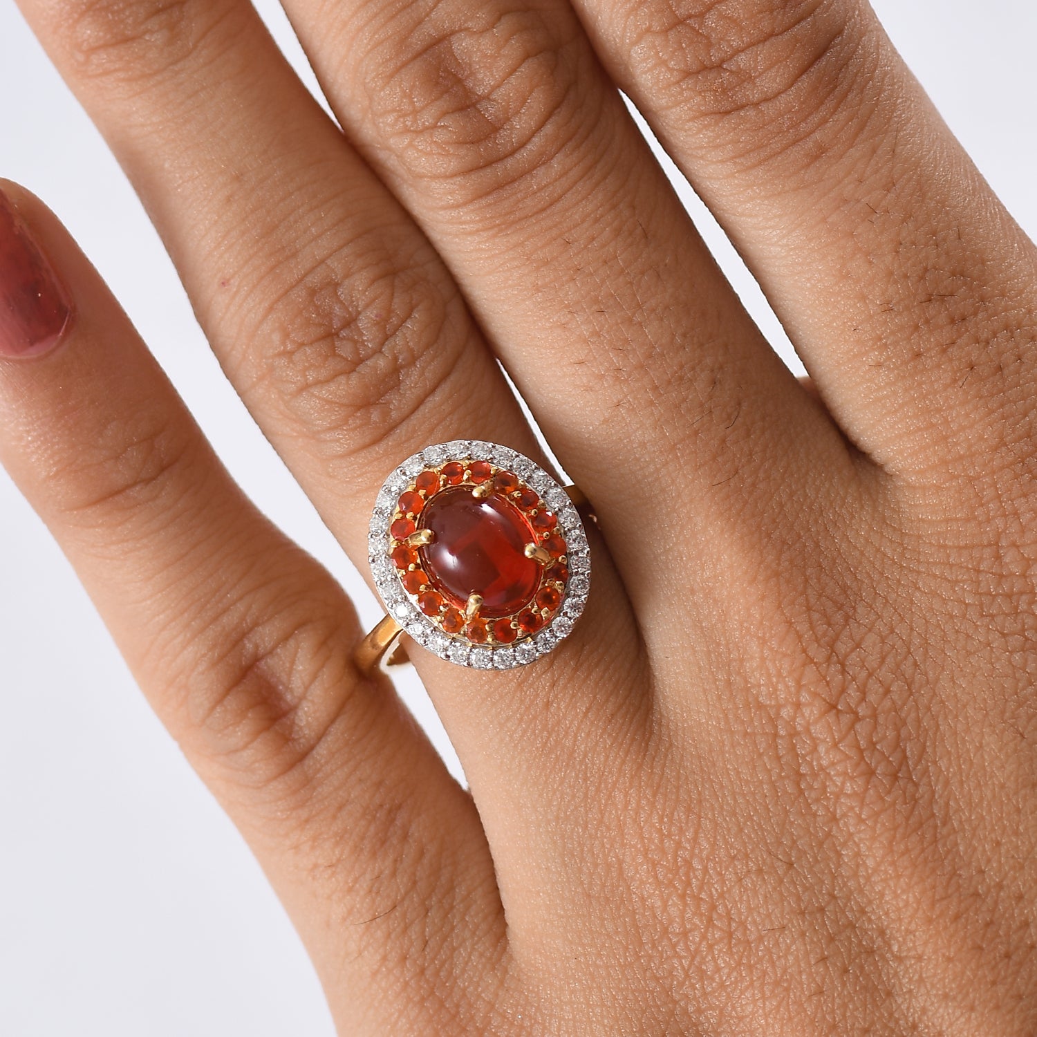 Fire Opal Cabochon (1.43ct Centre) &amp; Moissanite Ring in 18K YG Vermeil Sterling Silver 1.96 Ct. V32515532 3