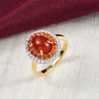 Fire Opal Cabochon (1.43ct Centre) & Moissanite Double Halo Ring in 18K Vermeil Yellow Gold Plated Sterling Silver 1.96 Ct._8191815_1