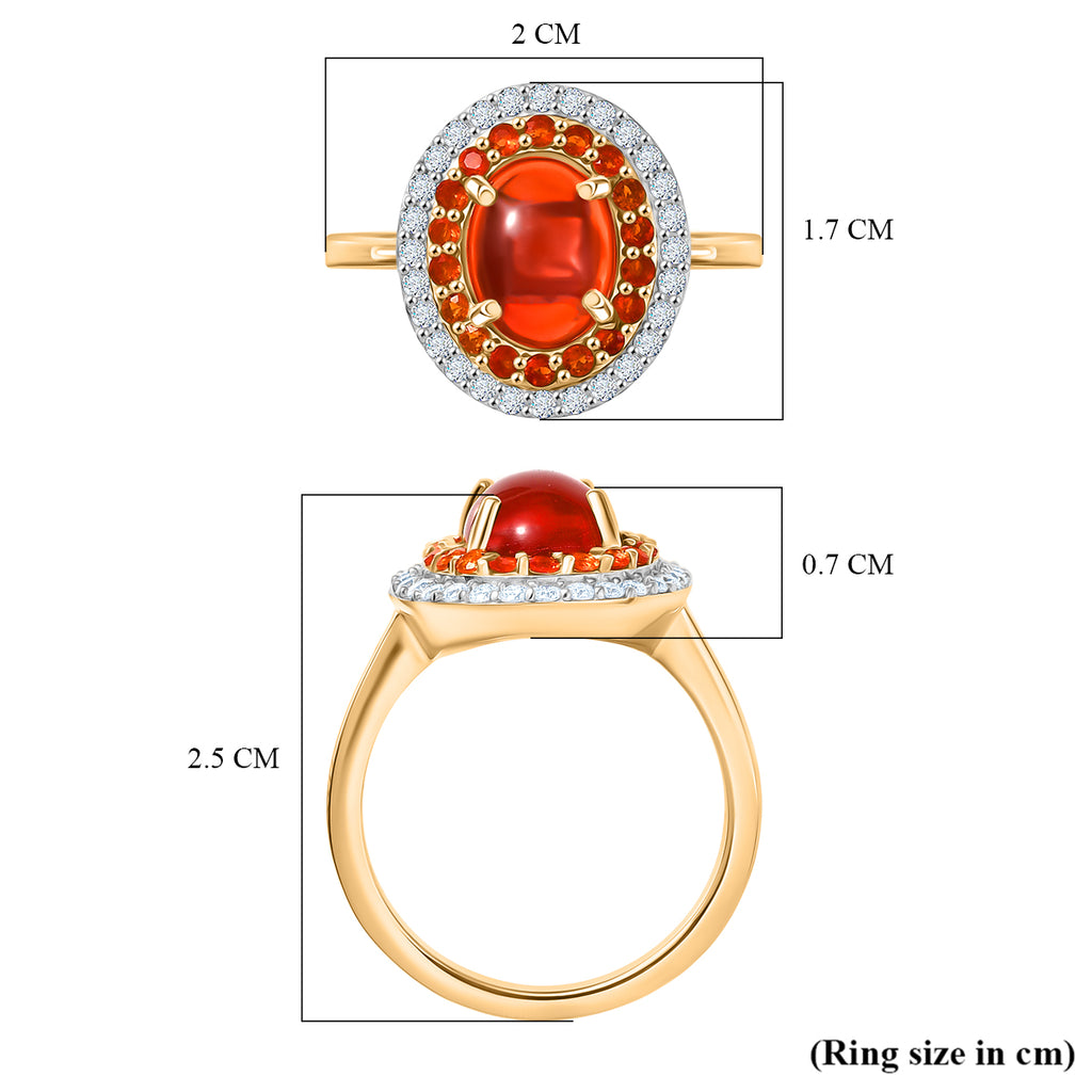 Fire Opal Cabochon (1.43ct Centre) & Moissanite Double Halo Ring in 18K Vermeil Yellow Gold Plated Sterling Silver 1.96 Ct._8191815_5