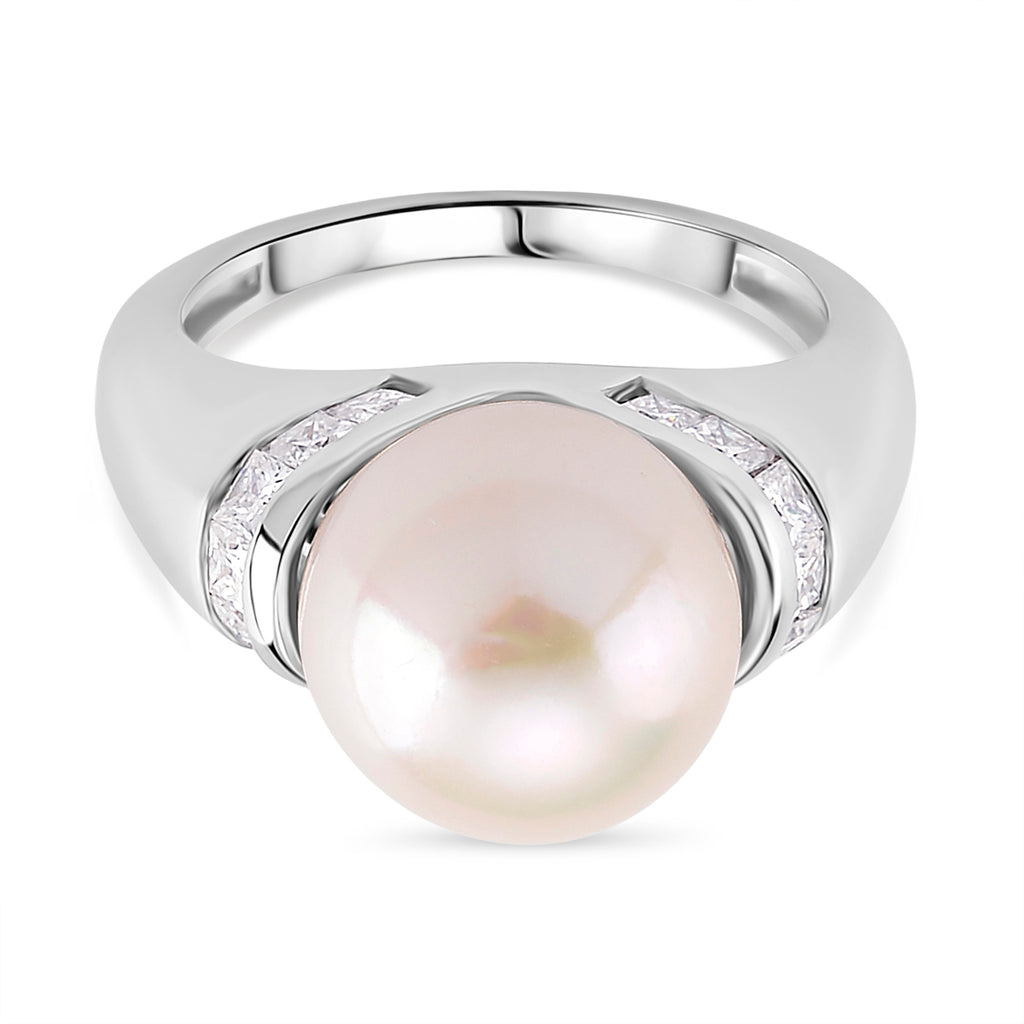 AAA White Edison Pearl & Moissanite Ring in Rhodium Overlay Sterling Silver 10.85 Ct._8191990