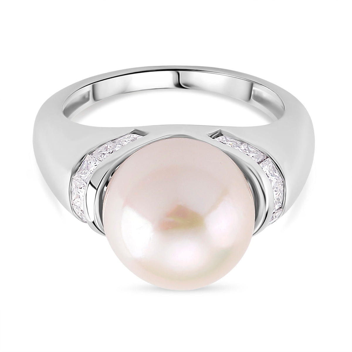 D'Joy AAA White Edison Pearl (11â€“12 MM), Moissanite Ring in Rhodium Overlay Sterling Silver 10.85 Ct. 8191990 0