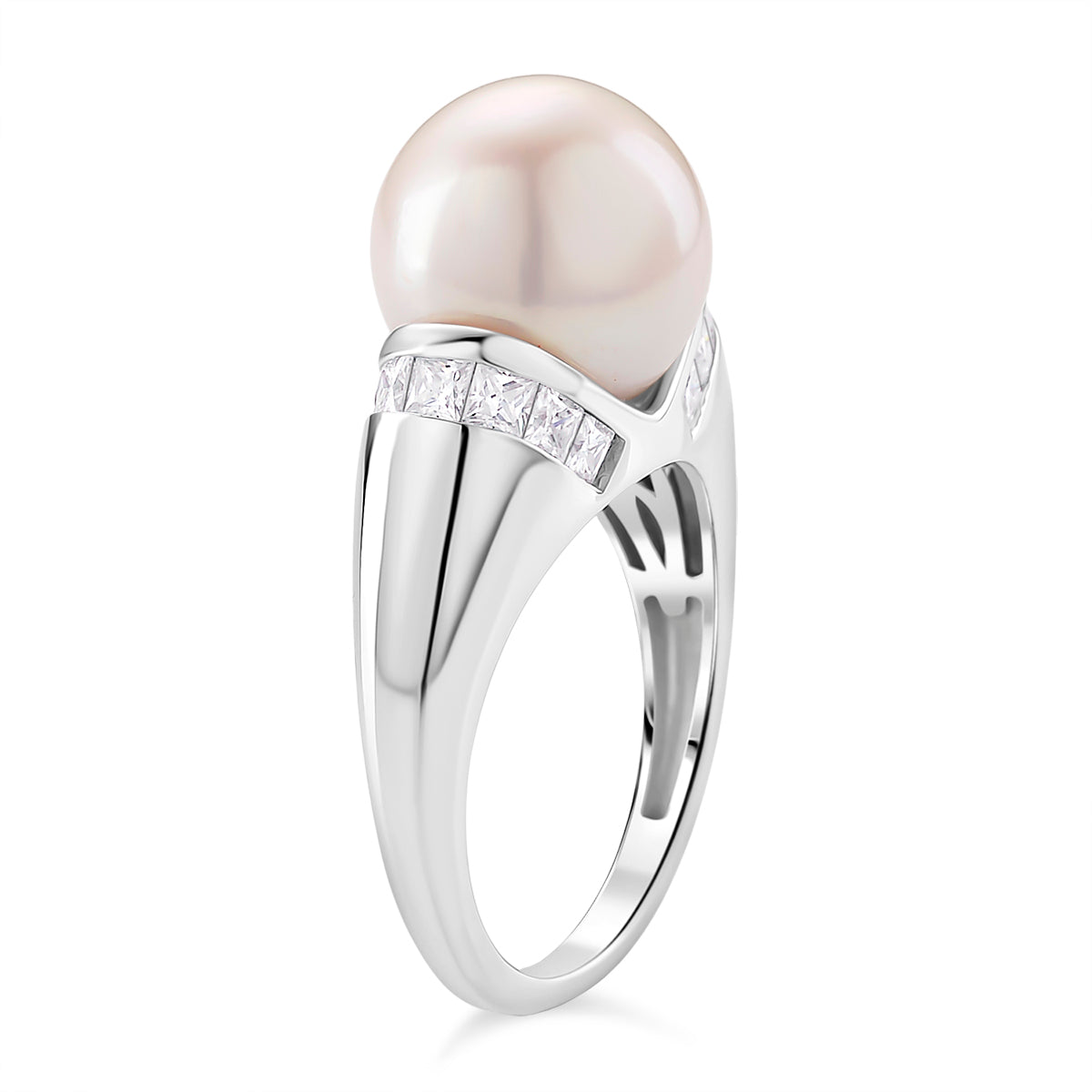 D'Joy AAA White Edison Pearl (11â€“12 MM), Moissanite Ring in Rhodium Overlay Sterling Silver 10.85 Ct. 8191990 2