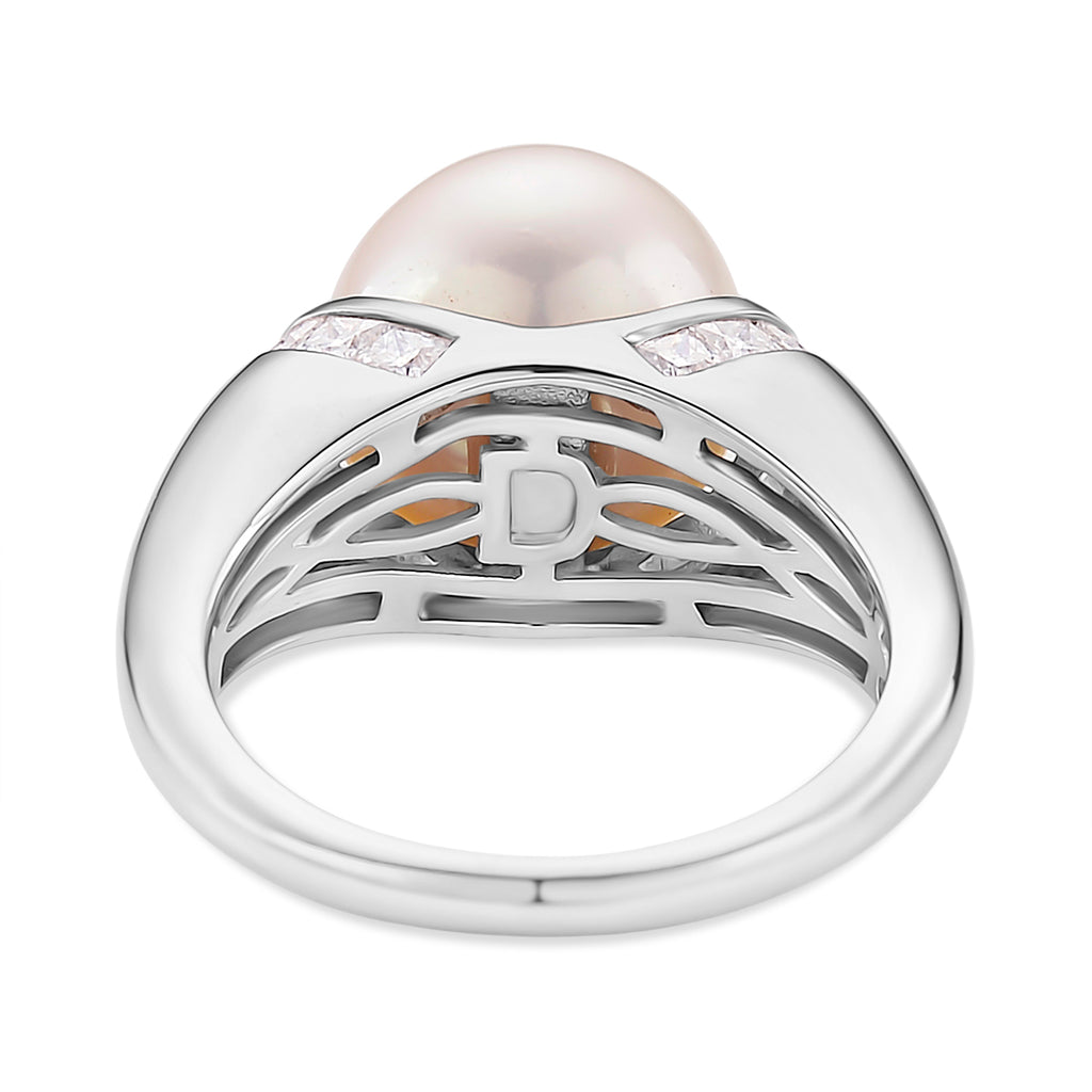 AAA White Edison Pearl & Moissanite Ring in Rhodium Overlay Sterling Silver 10.85 Ct._8191990_3