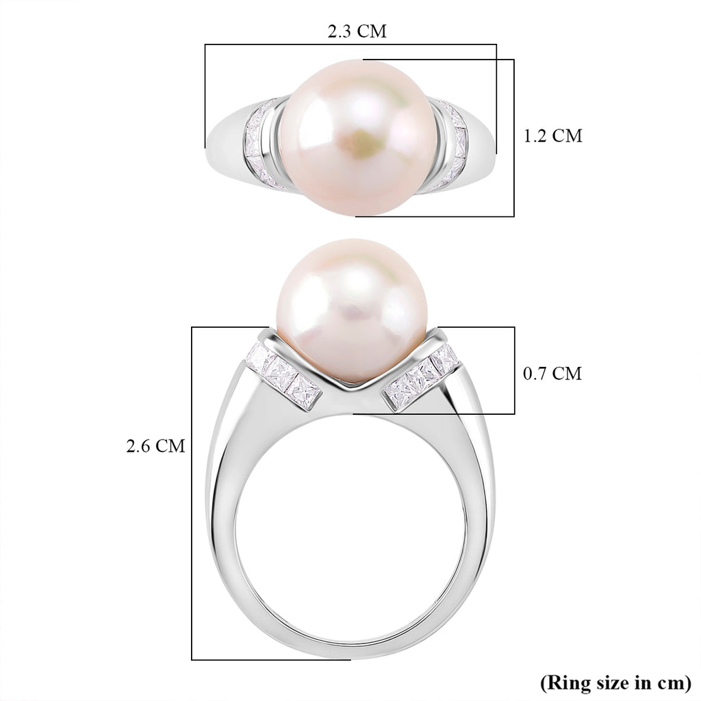AAA White Edison Pearl & Moissanite Ring in Rhodium Overlay Sterling Silver 10.85 Ct._8191990_4