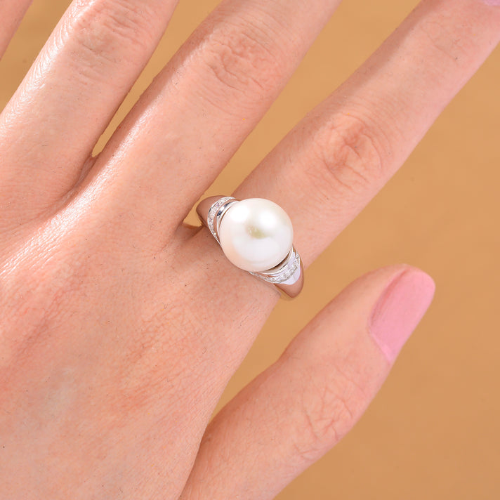 D'Joy AAA White Edison Pearl (11â€“12 MM), Moissanite Ring in Rhodium Overlay Sterling Silver 10.85 Ct. 8191995 2