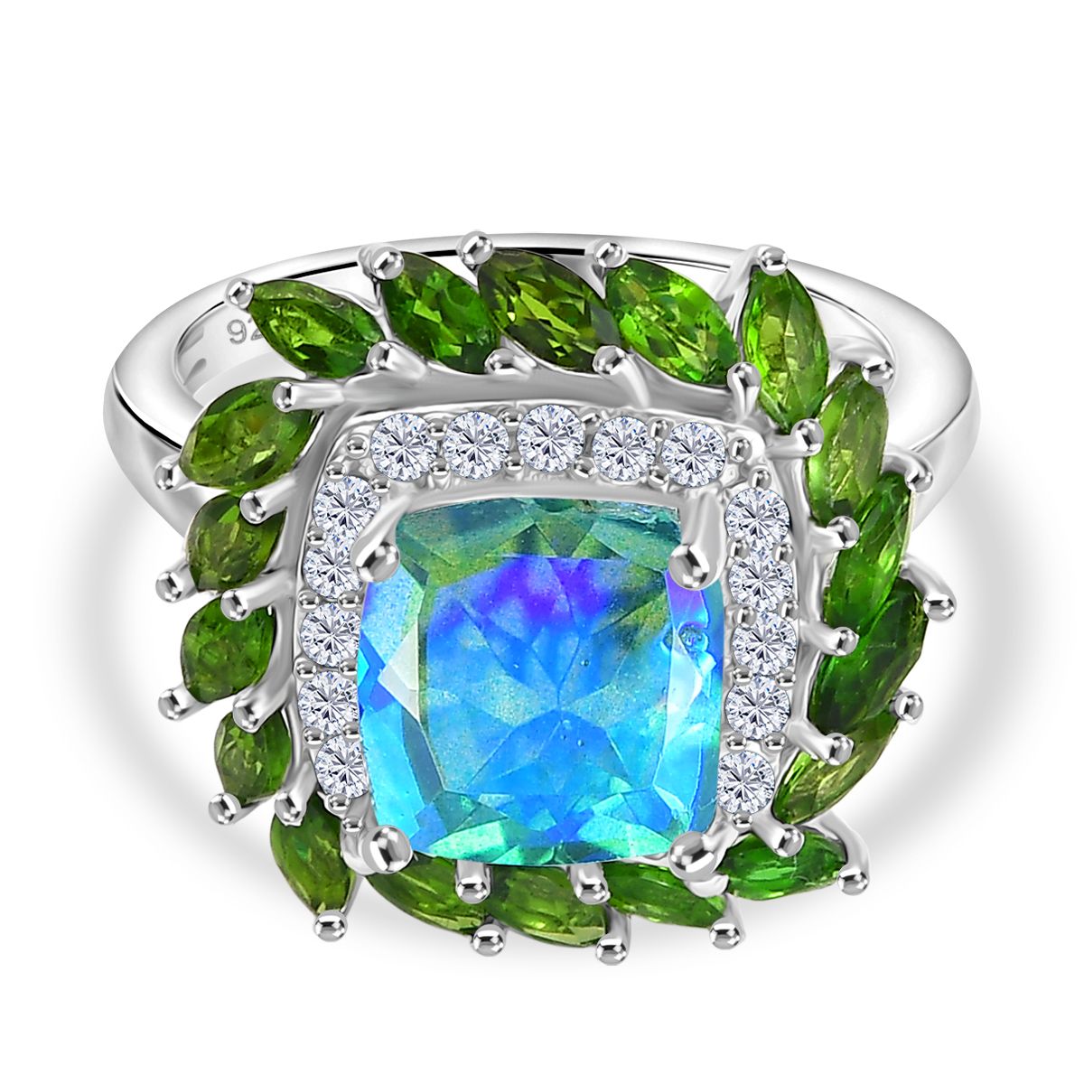 D'joy Peacock Triplet Quartz, Natural Chrome Diopside &amp; Moissanite Ring in Rhodium Overlay Sterling Silver 5.11 Ct. V32577062 0