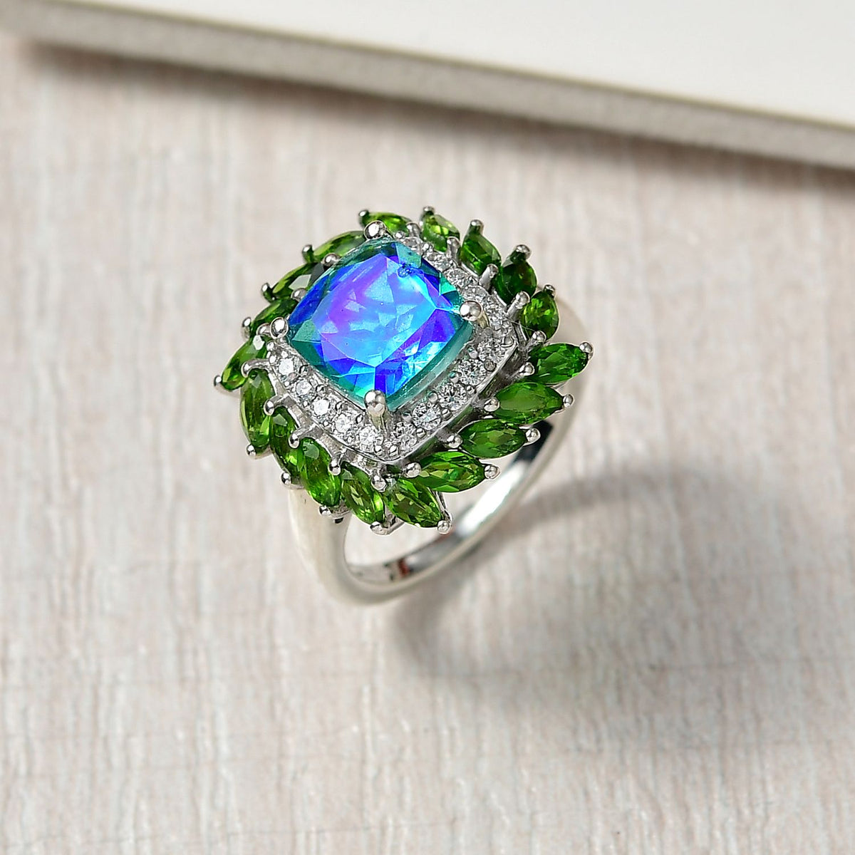 D'joy Peacock Triplet Quartz, Natural Chrome Diopside &amp; Moissanite Ring in Rhodium Overlay Sterling Silver 5.11 Ct. V32577062 2