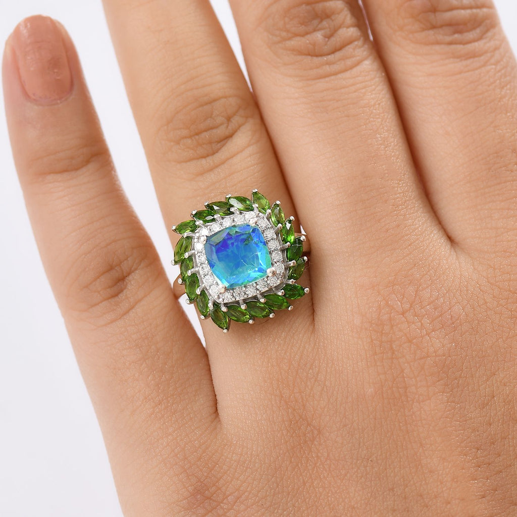D'joy Peacock Triplet Quartz, Natural Chrome Diopside & Moissanite Ring in Rhodium Overlay Sterling Silver 5.11 Ct._8192959_2