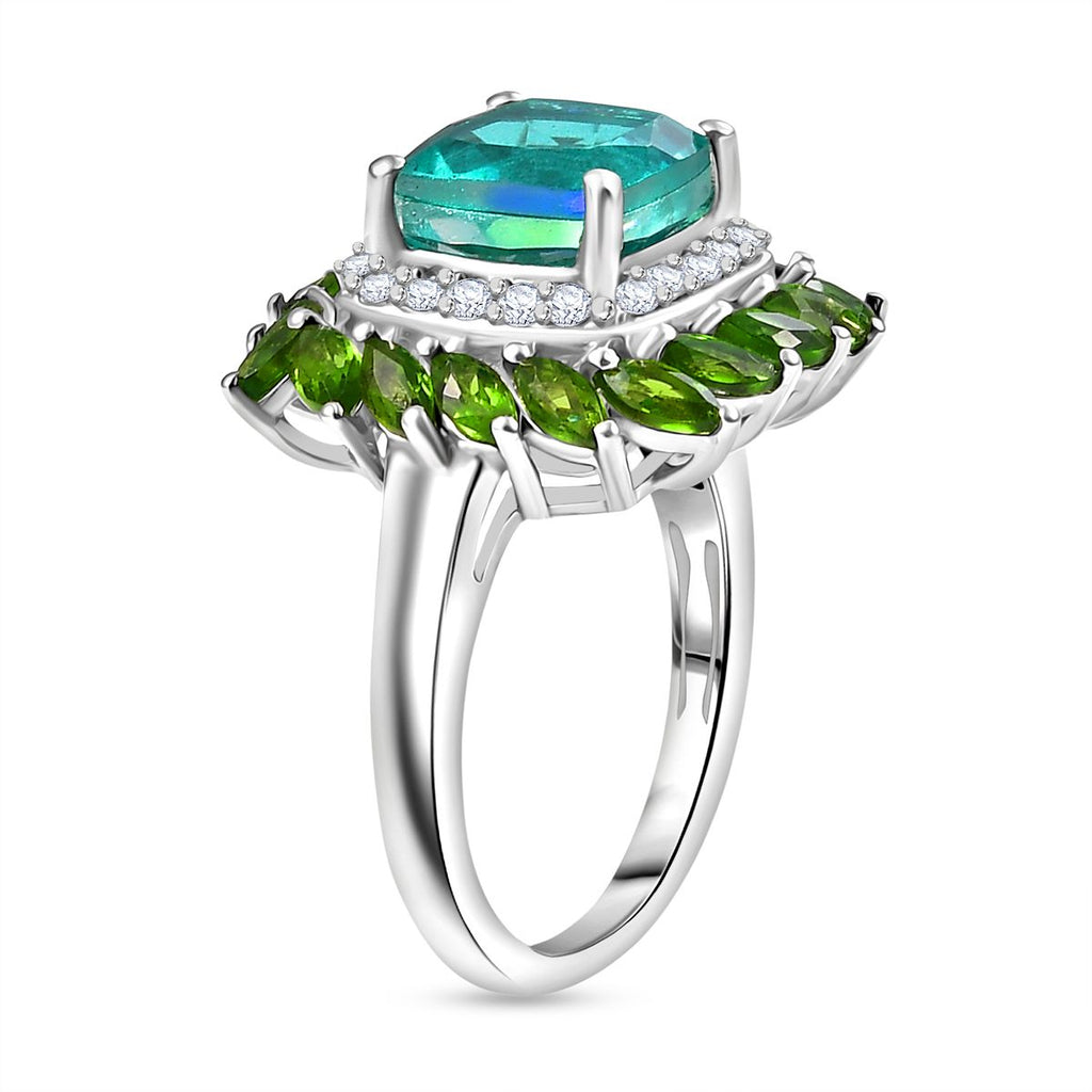 D'joy Peacock Triplet Quartz, Natural Chrome Diopside & Moissanite Ring in Rhodium Overlay Sterling Silver 5.11 Ct._8192959_3
