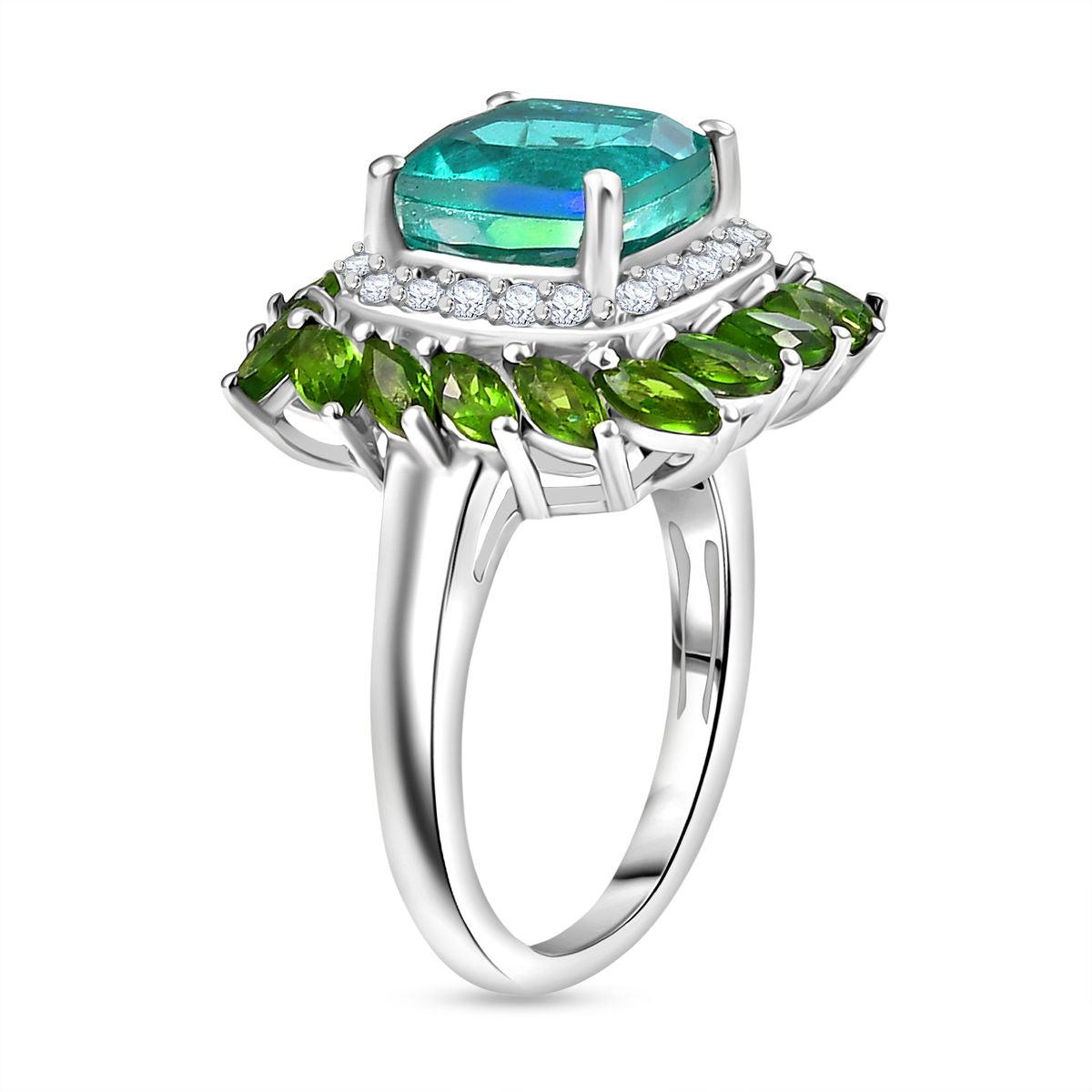 D'joy Peacock Triplet Quartz, Natural Chrome Diopside &amp; Moissanite Ring in Rhodium Overlay Sterling Silver 5.11 Ct. V32577062 4