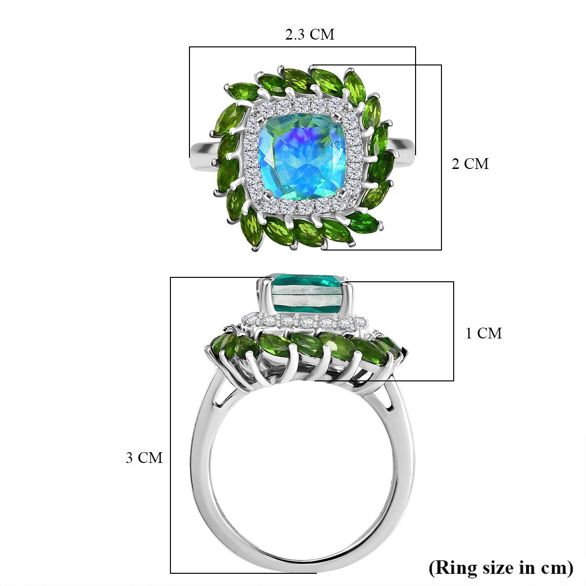 D'joy Peacock Triplet Quartz, Natural Chrome Diopside &amp; Moissanite Ring in Rhodium Overlay Sterling Silver 5.11 Ct. V32577062 6