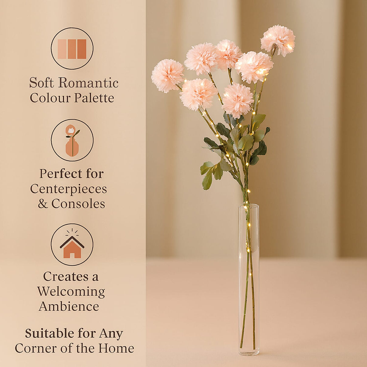 Set of 2 - Faux Flower Branches with LED Lights (60cm) - Light Pink 8193442 3